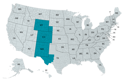 Service areas including CO, NM, WY, west Texas, and Western Nebraska